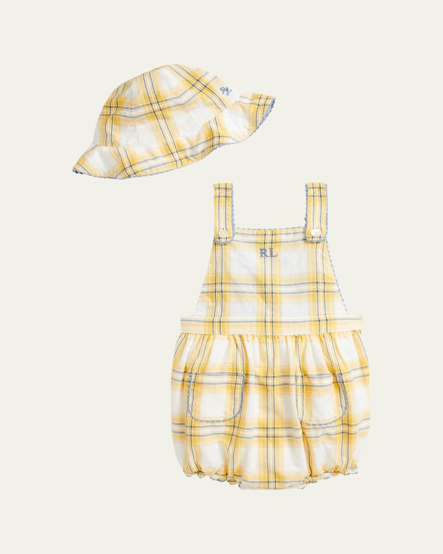 Girl's Plaid Dobby Cotton Shortalls, Size 3M-